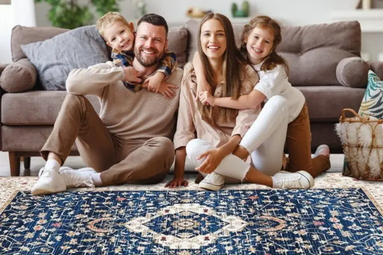 oriental rug with family smiling